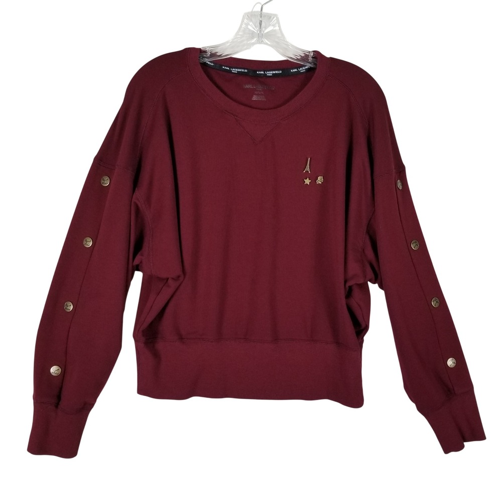 Karl Lagerfeld Sweatshirt Womens Medium Burgundy Snap Sleeve Eiffel Tower Charm